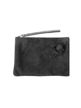 Ruth Saltz Black Suede Rose Wristlet Bag Evening Clutch EUC